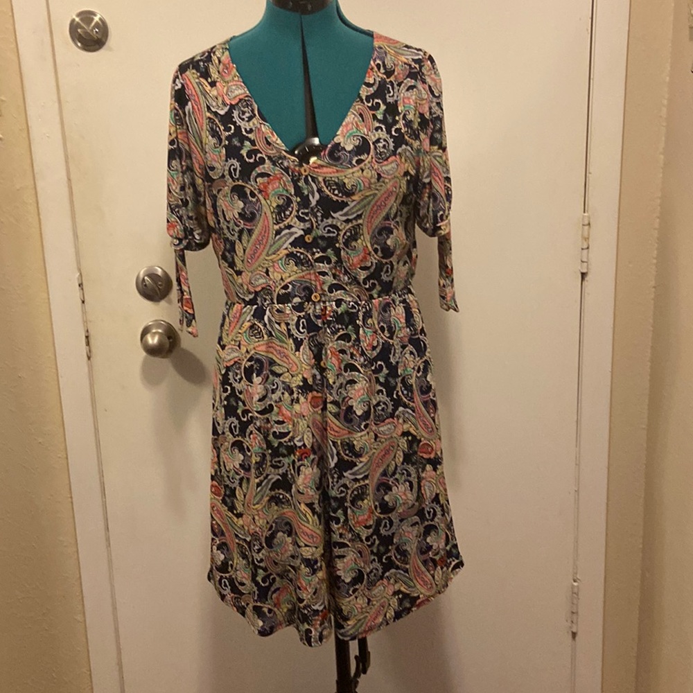 Sirenlily Floral Print silky Dress W/Navy Blue Liner Med